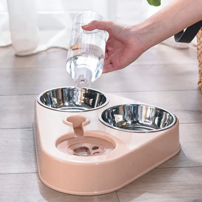 500ML Pet Stainless Steel Double Bowl with Automatic Dog Water Bottle