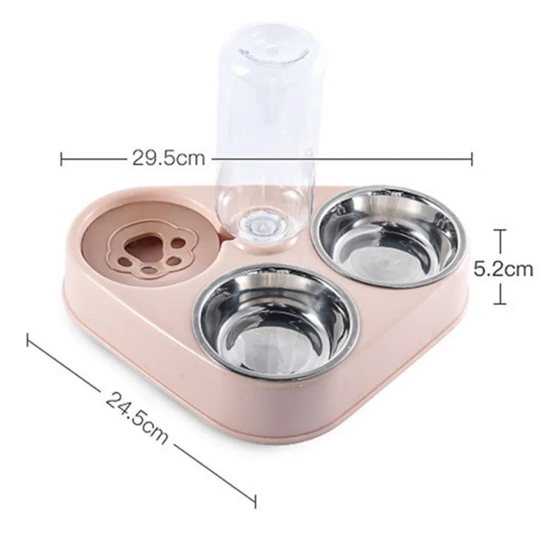 500ML Pet Stainless Steel Double Bowl with Automatic Dog Water Bottle