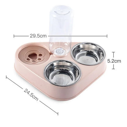 500ML Pet Stainless Steel Double Bowl with Automatic Dog Water Bottle