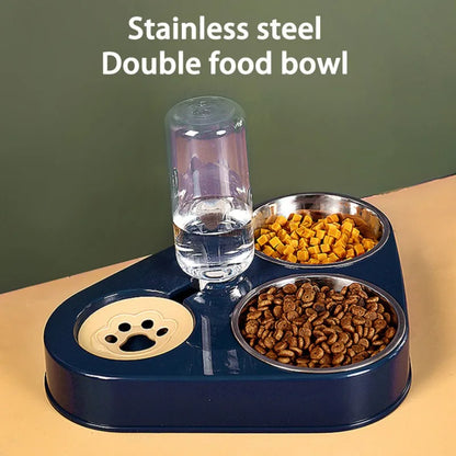 500ML Pet Stainless Steel Double Bowl with Automatic Dog Water Bottle