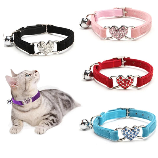 Heart Charm and Bell Cat Collar With Adjustable Elastic and Soft Velvet