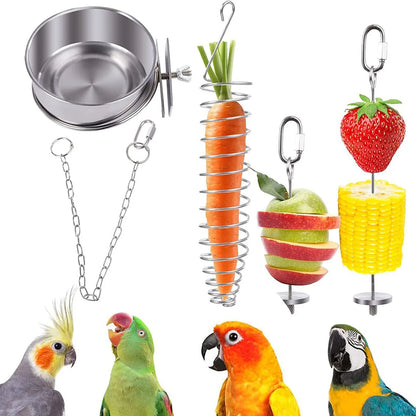 5pcs/set Pet Hanging Bowl Parrot Stainless Steel Fruit Fork Feeder