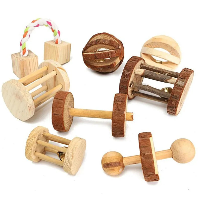 Cute Natural Wooden Rabbits Bell Roller Chew Toys