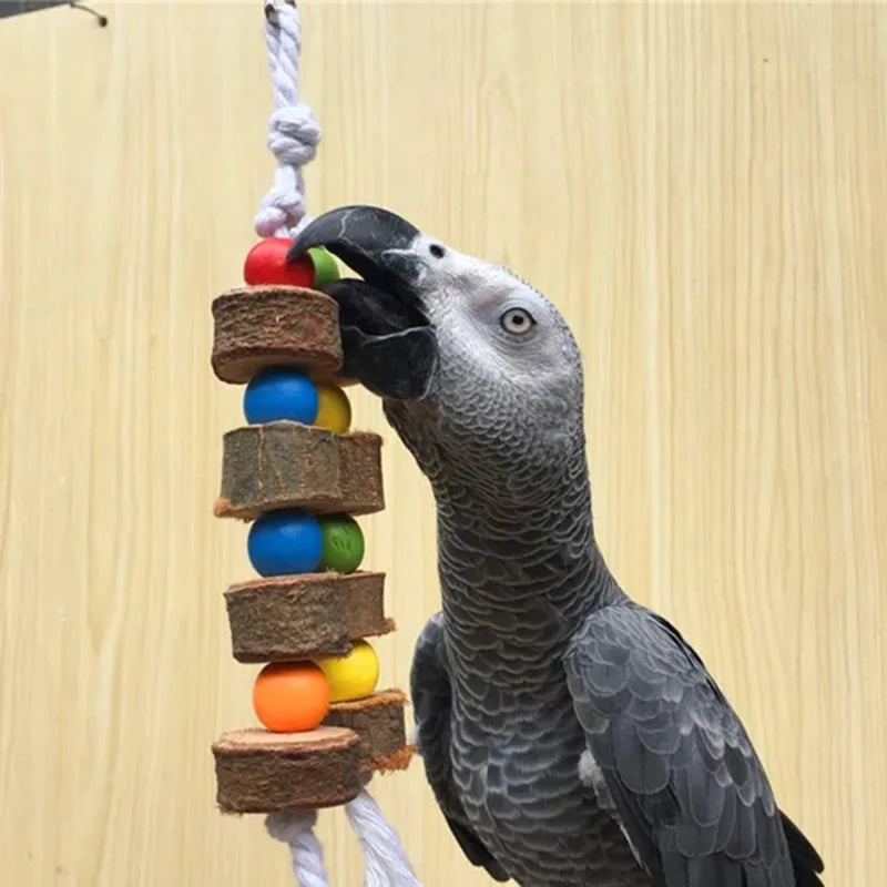 New Bird Chewing Toy Wooden Hanging Cage Toys for Parrots Bird Funny Hanging Rope Standing Toy