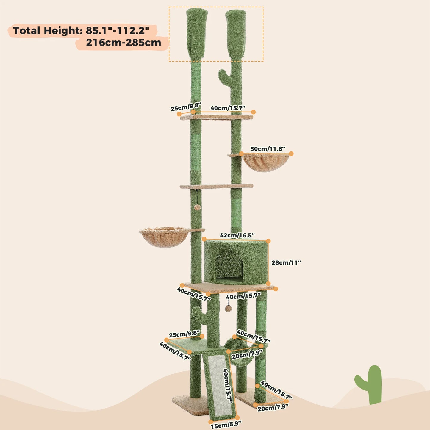 Cactus Cat Tree Floor to Ceiling Cat Tower with Adjustable Height 216-285CM 7 Tiers Climbing Tree with Cozy Hammocks and Condos