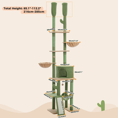 Cactus Cat Tree Floor to Ceiling Cat Tower with Adjustable Height 216-285CM 7 Tiers Climbing Tree with Cozy Hammocks and Condos