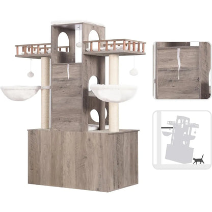 60 inch Cat Tree With Litter Box for Indoor Big Cat Tower for Large S 20 Lbs Heavy Duty Cats Trees Castle Towers