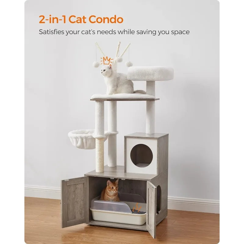 2-in-1 Modern Tower Cat Tree with Litter Box Furniture Hidden Enclosure