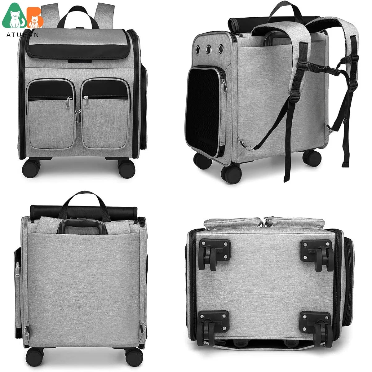 ATUBAN Wheeled Pet Carrier Backpack Pet Stroller, Travel Carrier, Car Seat for Small Dogs Cats and Puppies