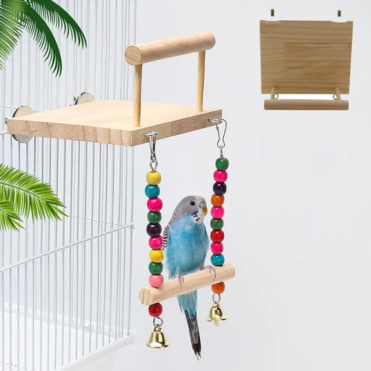 Bird Swing Toy Wooden Parrot Perch Stand Playstand with Chewing Beads Cage Playground for Budgie Birds