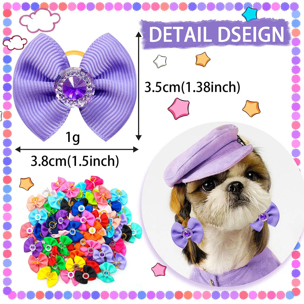 Summer Dog Hair Bows Dog Bows with Diamond Colorful Grooming Rubber Band for Small Dog Pet Girls Grooming Hair Accessories