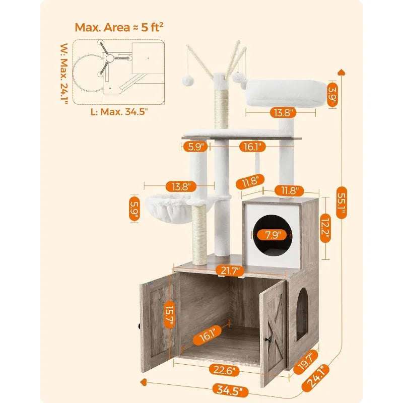 2-in-1 Modern Tower Cat Tree with Litter Box Furniture Hidden Enclosure