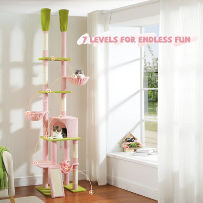 Cactus Cat Tree Floor to Ceiling Cat Tower with Adjustable Height 216-285CM 7 Tiers Climbing Tree with Cozy Hammocks and Condos