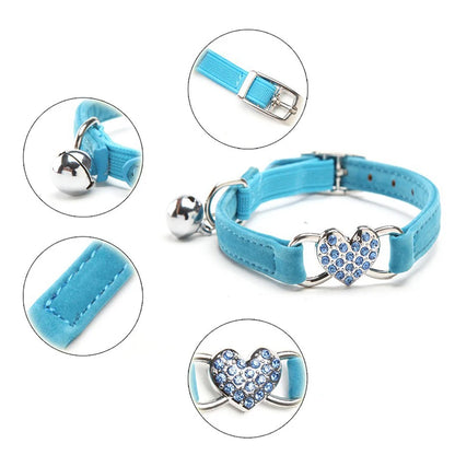 Heart Charm and Bell Cat Collar With Adjustable Elastic and Soft Velvet