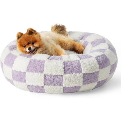 Small Dog Bed - Round Cat Beds for Indoor Cats Calming Pet Beds, Cute Modern Beds with Jacquard Shaggy Plush & Anti Slip Bottom