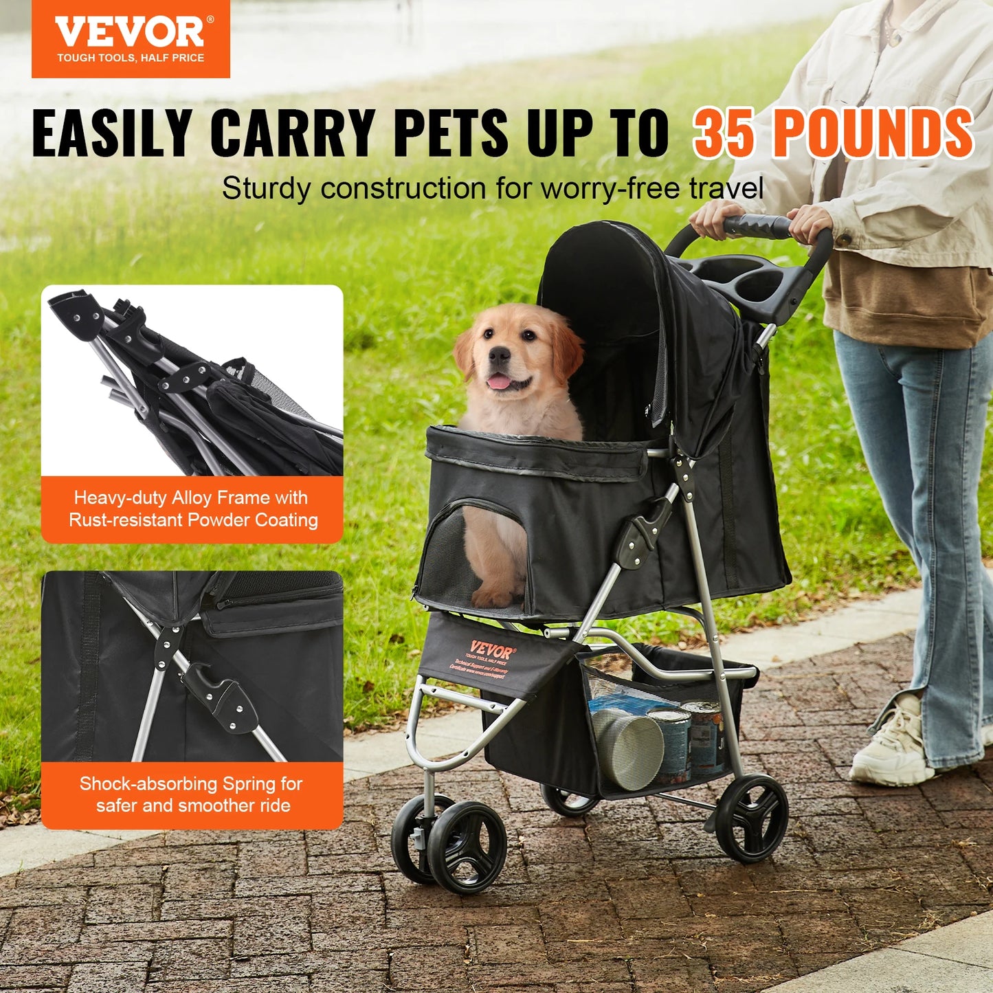 VEVOR 35lbs 3 Wheels Dog Stroller Rotate Black Pet Puppy Stroller with Front Pedal Storage Basket Cup Holder for Dogs and Cat Travel