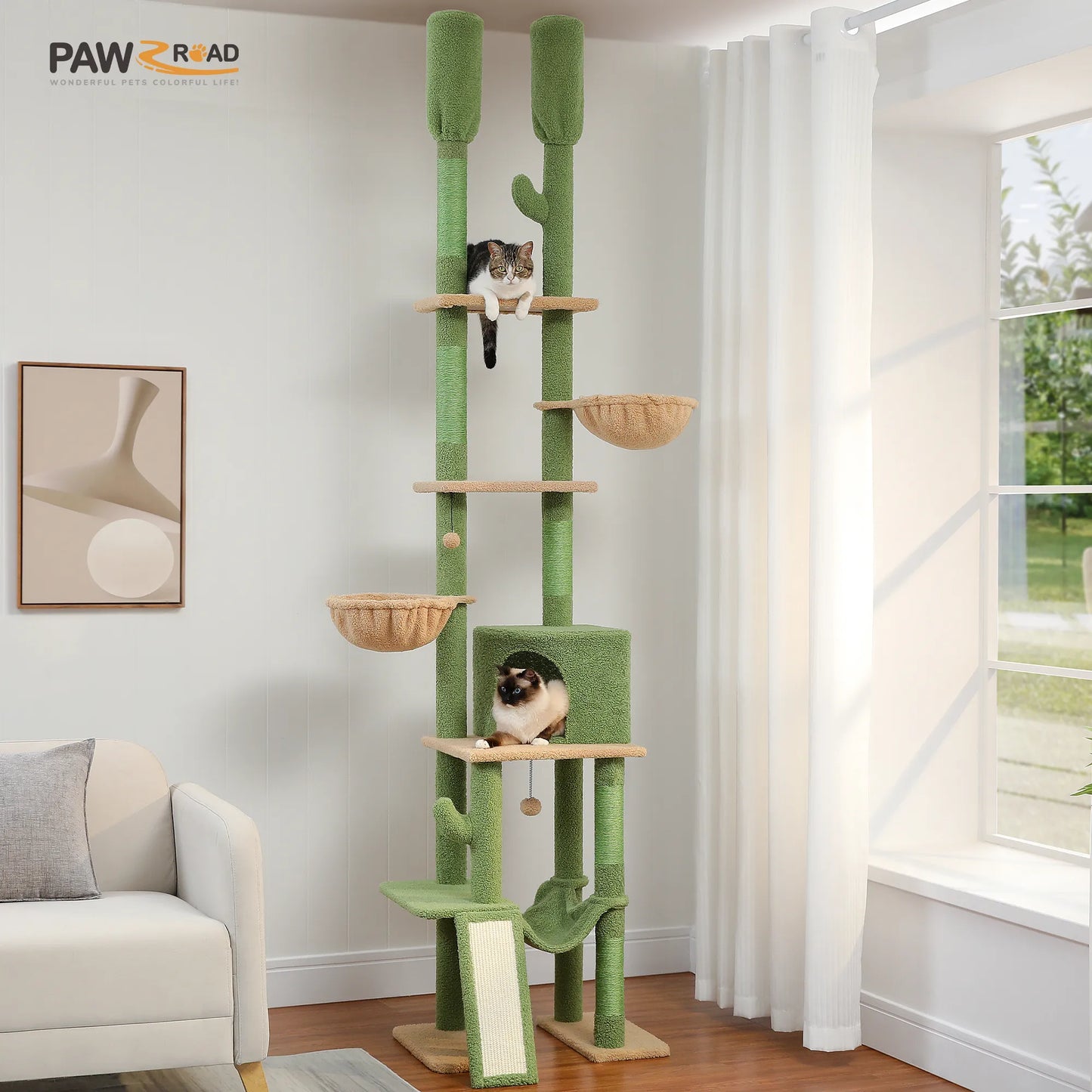 Cactus Cat Tree Floor to Ceiling Cat Tower with Adjustable Height 216-285CM 7 Tiers Climbing Tree with Cozy Hammocks and Condos