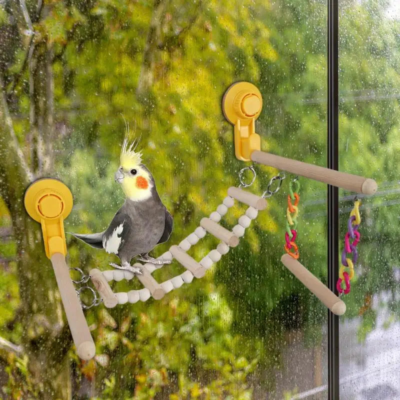 Suction Cup Bird Perch Standing Platform Swing Toy Wood Playground Stand Bird Toys