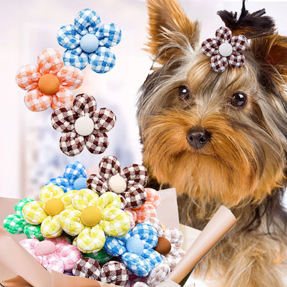 Dog Accessories 10PCS Dog Bows Flower Shape Classic Plaid Handmade Bow With Rubber Bands