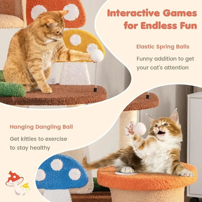 Mushroom Cat Tree with Full-Wrapped Sisal Posts, Scratching Boards & Interactive Balls,Multi story cute cat tower