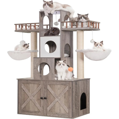 60 inch Cat Tree With Litter Box for Indoor Big Cat Tower for Large S 20 Lbs Heavy Duty Cats Trees Castle Towers