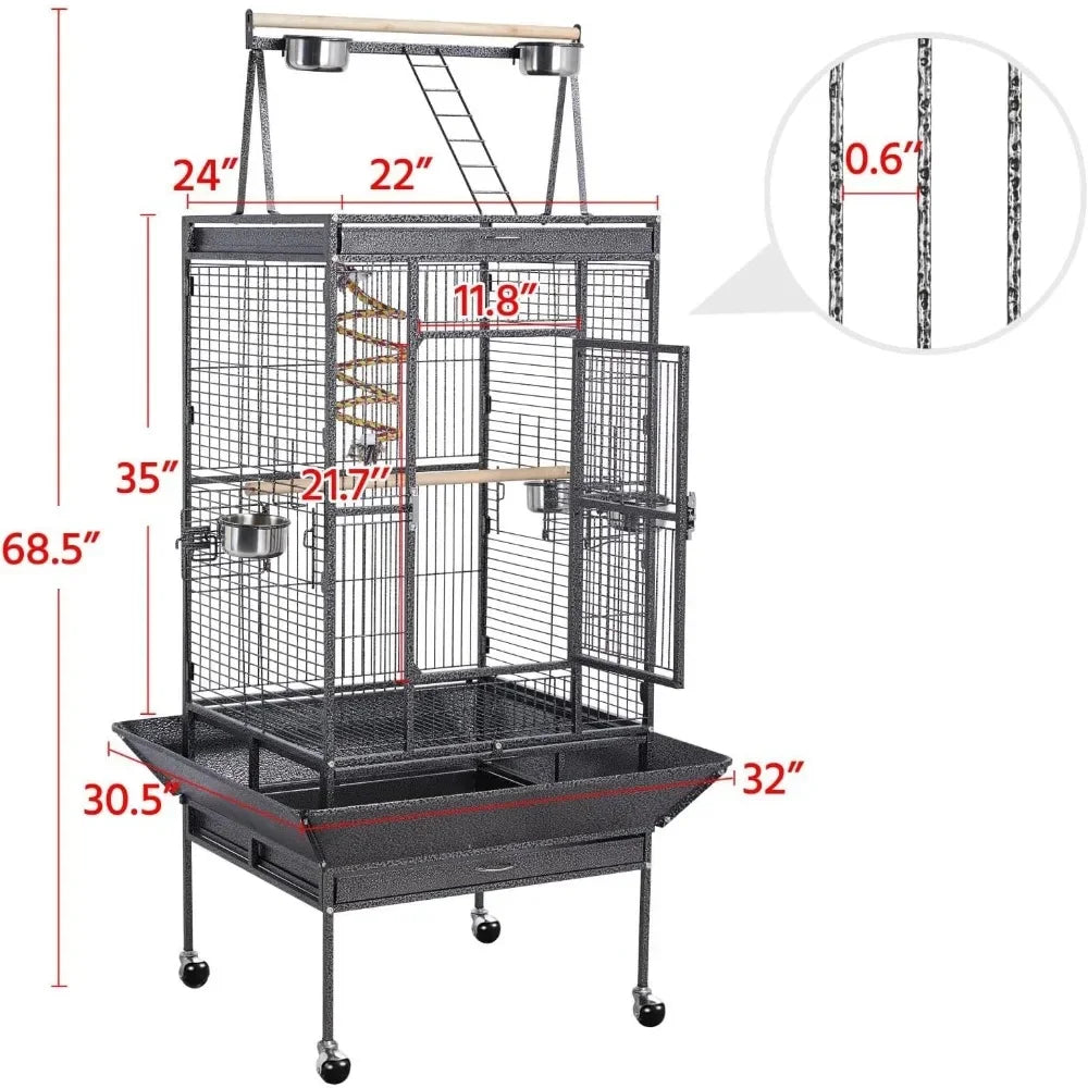 69-inch Wrought Iron Rolling Large Parrot Bird Cage