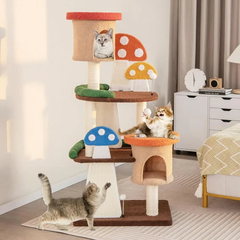 Mushroom Cat Tree with Full-Wrapped Sisal Posts, Scratching Boards & Interactive Balls,Multi story cute cat tower