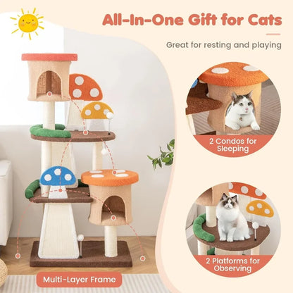 Mushroom Cat Tree with Full-Wrapped Sisal Posts, Scratching Boards & Interactive Balls,Multi story cute cat tower