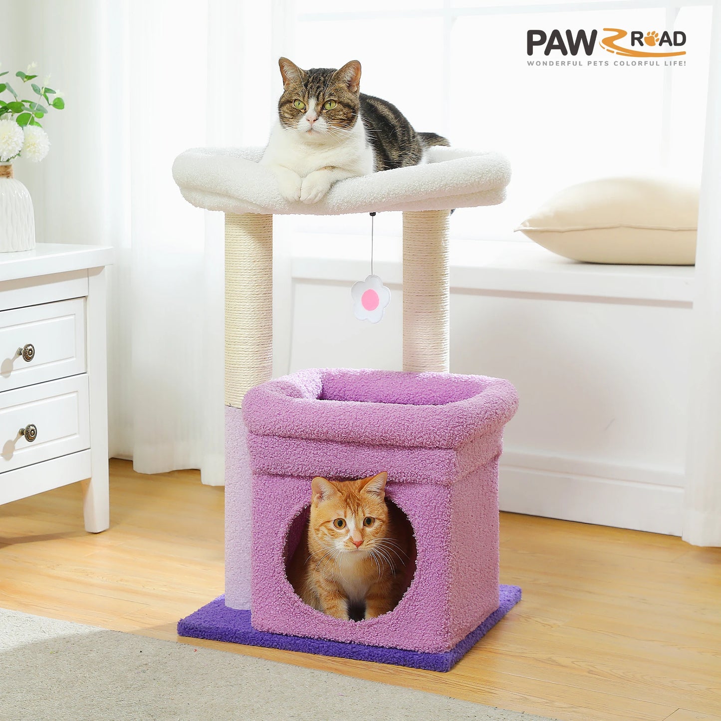 Small Cat Tree Condo with Hanging Ball Tower and Sisal Scratching Post