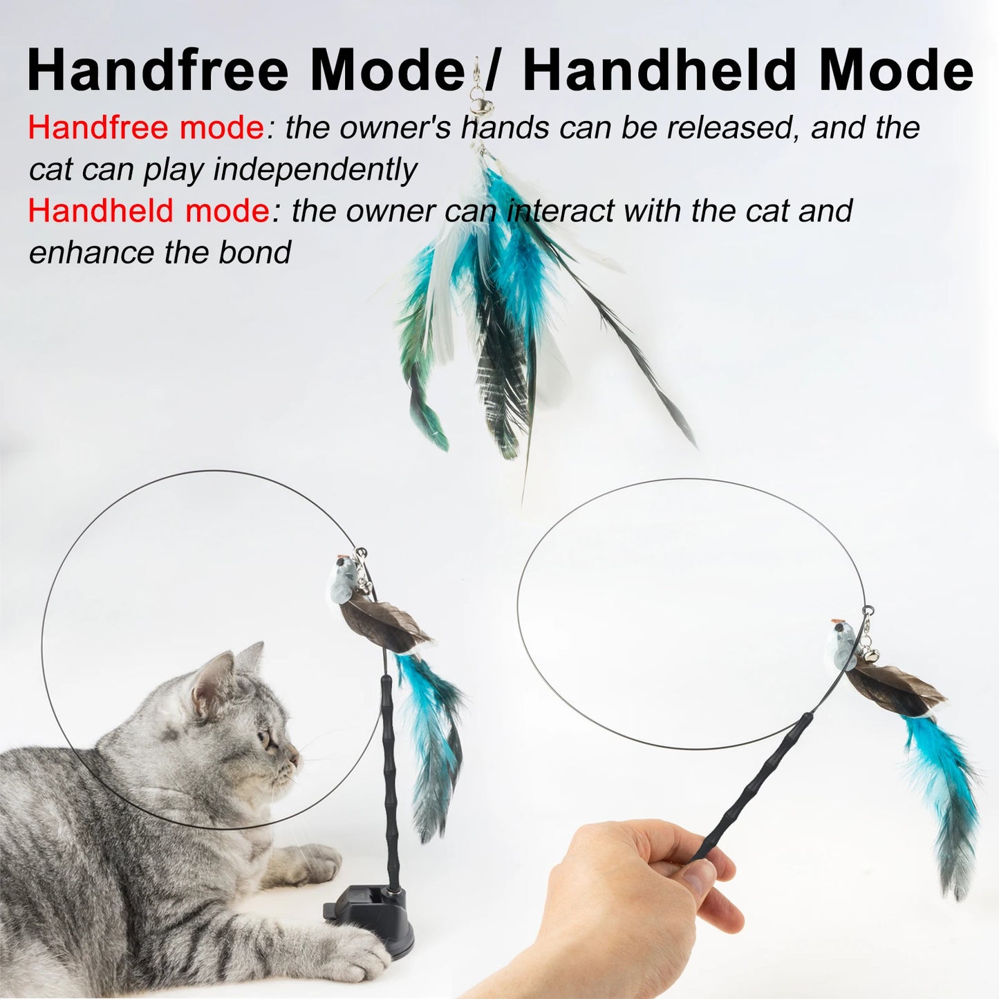 Handfree Bird/Feather Cat Wand with Bell Powerful Suction Cup Interactive Toys for Cats Kitten Hunting Exercise