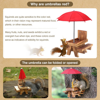 2024 Wooden Squirrel Feeder With Red Umbrella, Bird Squirrel Picnic Table