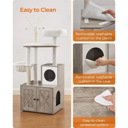 2-in-1 Modern Tower Cat Tree with Litter Box Furniture Hidden Enclosure