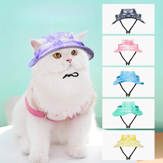 Cotton Cat Sun Hat With Ear Holes Round Brim Dog Puppy Cat Bucket Hat Outdoor Sun Protection Pet Caps for Small Medium Cat Dogs