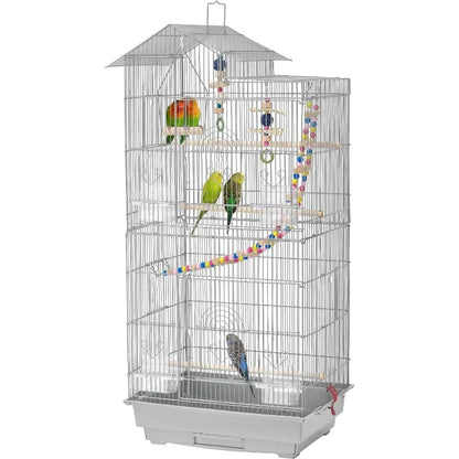 39inch Height Roof Top Bird Cage Medium Metal Parakeet Cage with Swing & Ladder, White