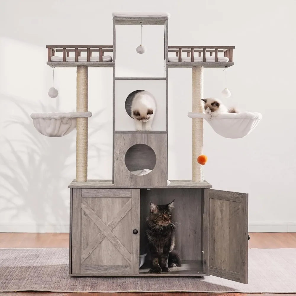 60 inch Cat Tree With Litter Box for Indoor Big Cat Tower for Large S 20 Lbs Heavy Duty Cats Trees Castle Towers