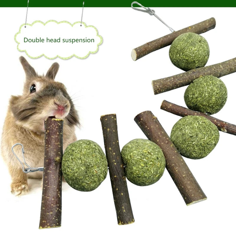 Bunny Chew Toy for Teeth Natural for Hay Treats Wood Sticks Grass Balls Cage for Rabbit Chinchilla Hamster Guinea P