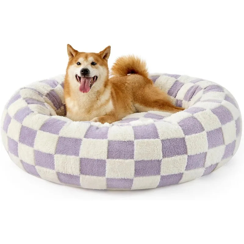 Small Dog Bed - Round Cat Beds for Indoor Cats Calming Pet Beds, Cute Modern Beds with Jacquard Shaggy Plush & Anti Slip Bottom