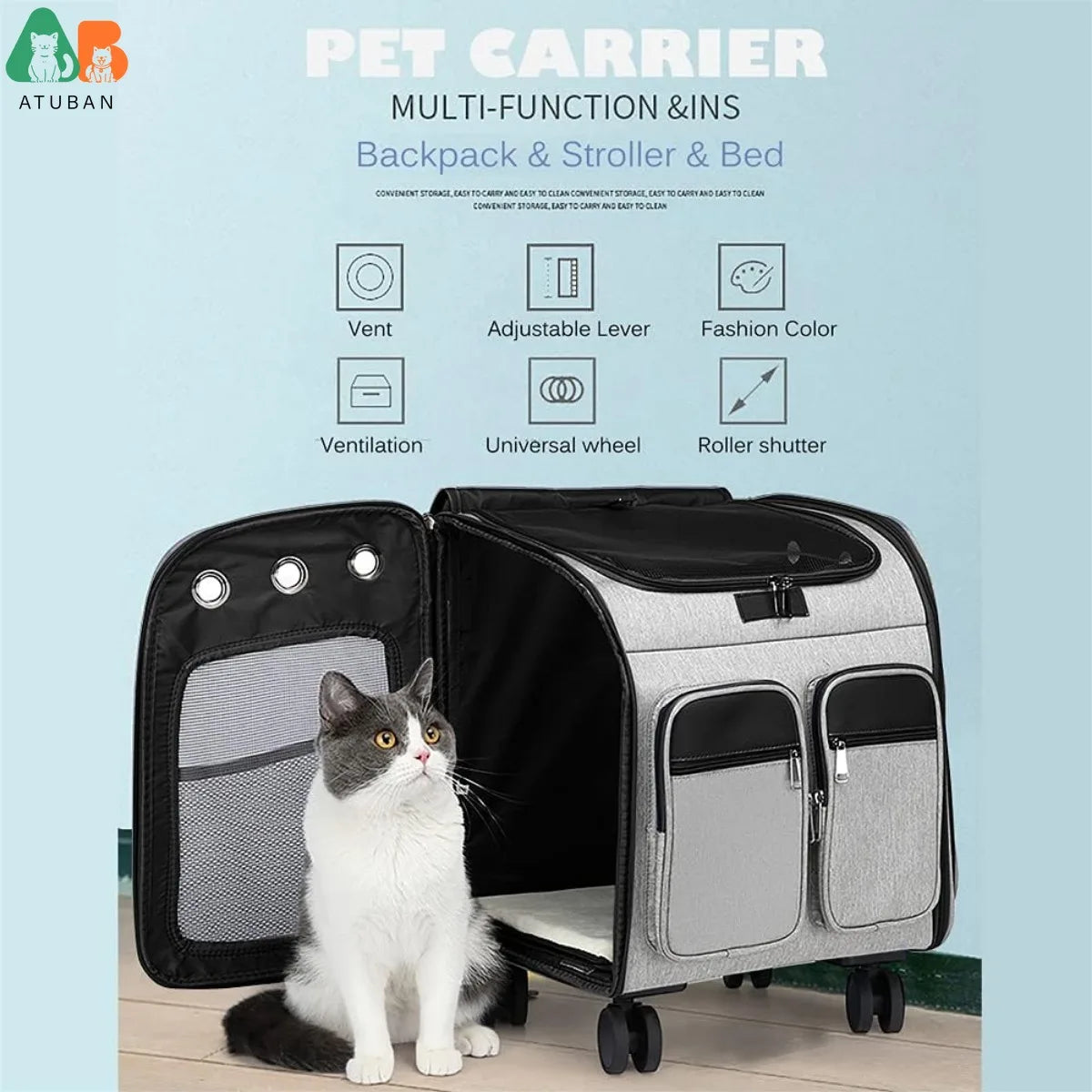 ATUBAN Wheeled Pet Carrier Backpack Pet Stroller, Travel Carrier, Car Seat for Small Dogs Cats and Puppies