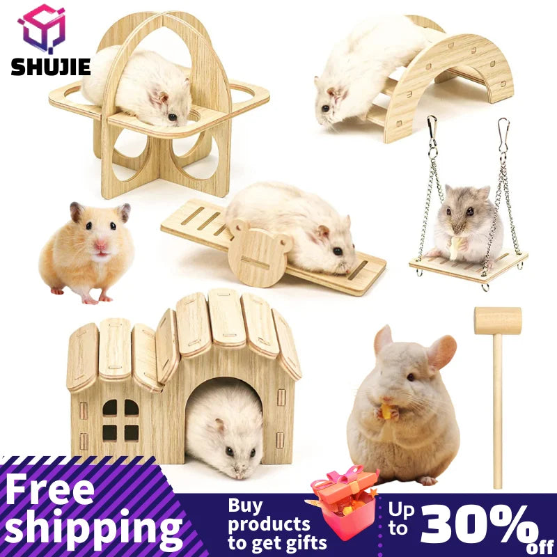 Pet Hamsters House DIY Wooden Gerbil Hideout Bridge Swing