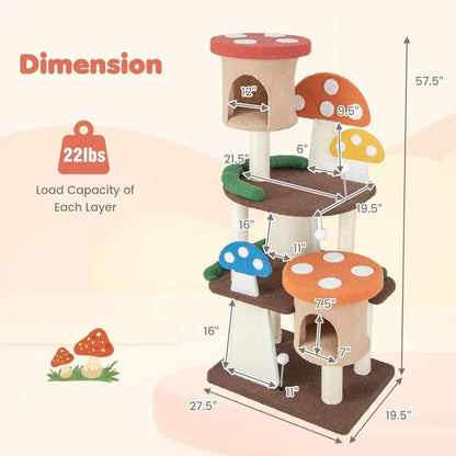 Mushroom Cat Tree with Full-Wrapped Sisal Posts, Scratching Boards & Interactive Balls,Multi story cute cat tower