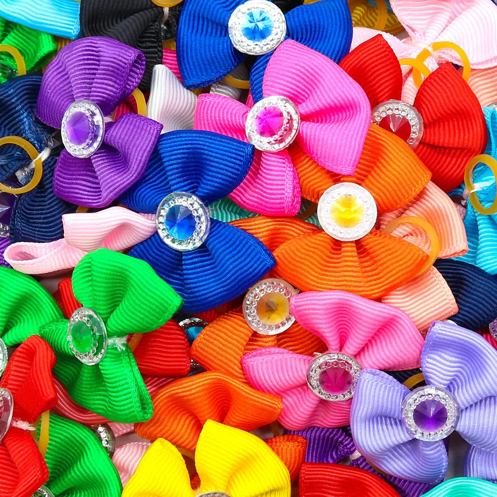 Summer Dog Hair Bows Dog Bows with Diamond Colorful Grooming Rubber Band for Small Dog Pet Girls Grooming Hair Accessories