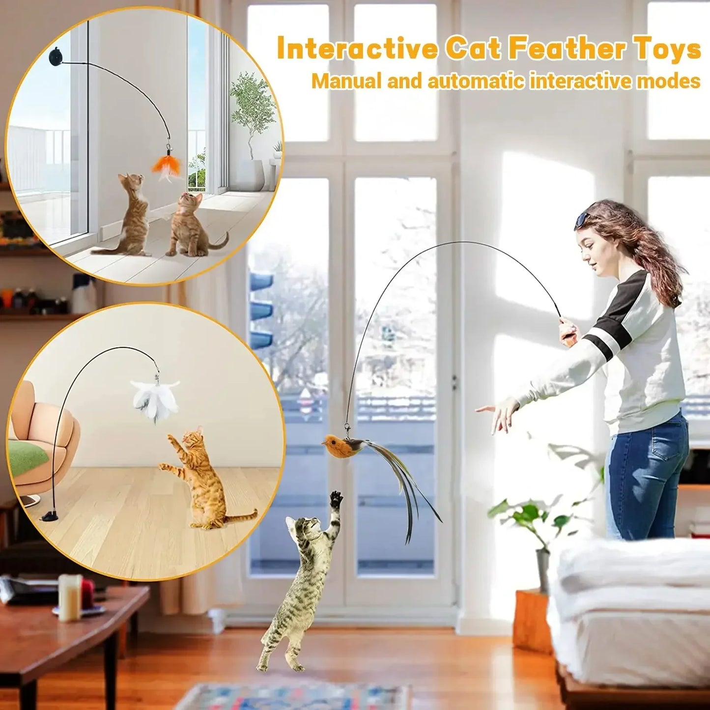 Simulation Feather Interactive Cat Toy Satin Ribbon Bell