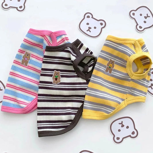 Dog Vest Puppy Clothes Summer Cotton Bear Print T-Shirt Striped Dog Shirt