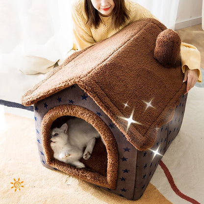 Cat/Dog Bed Sleep House Warm Cave Kennel & Removable Cushion Pad Soft Indoor Enclosed Tent Huts