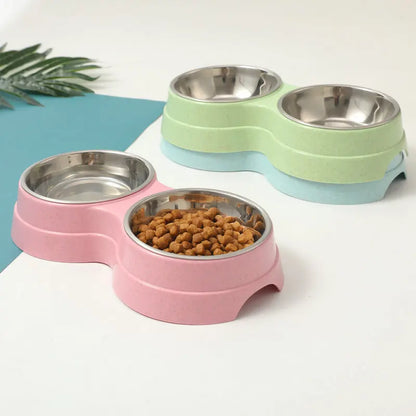 Double Pet Bowls Dog Food Water Feeder Stainless Steel