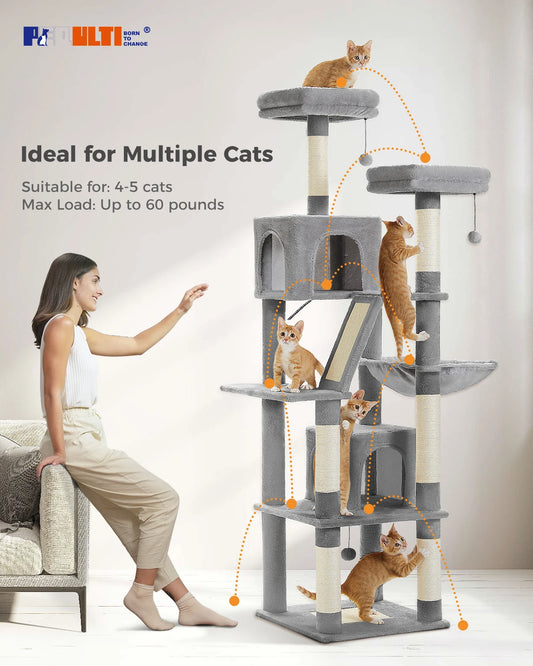 H180CM Large Cat Tree for Indoor Tall Tower for Cat Multi-Level Plush with Natural Sisal Scratching Post Condos Perches Hammock