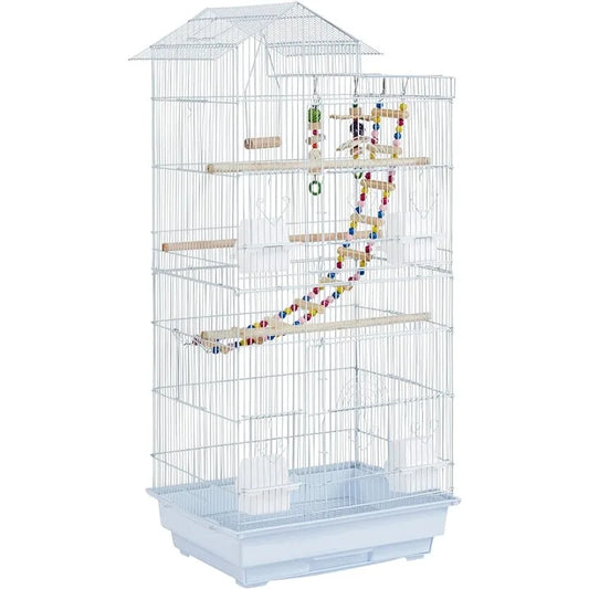 39inch Height Roof Top Bird Cage Medium Metal Parakeet Cage with Swing & Ladder, White