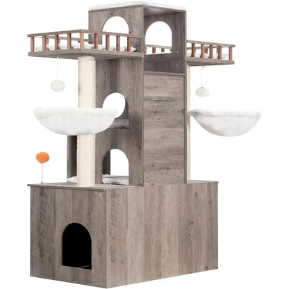 60 inch Cat Tree With Litter Box for Indoor Big Cat Tower for Large S 20 Lbs Heavy Duty Cats Trees Castle Towers