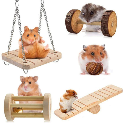 Natural Wooden Rabbit Roller Toy with Dumbbells, Bell, and Unicycle