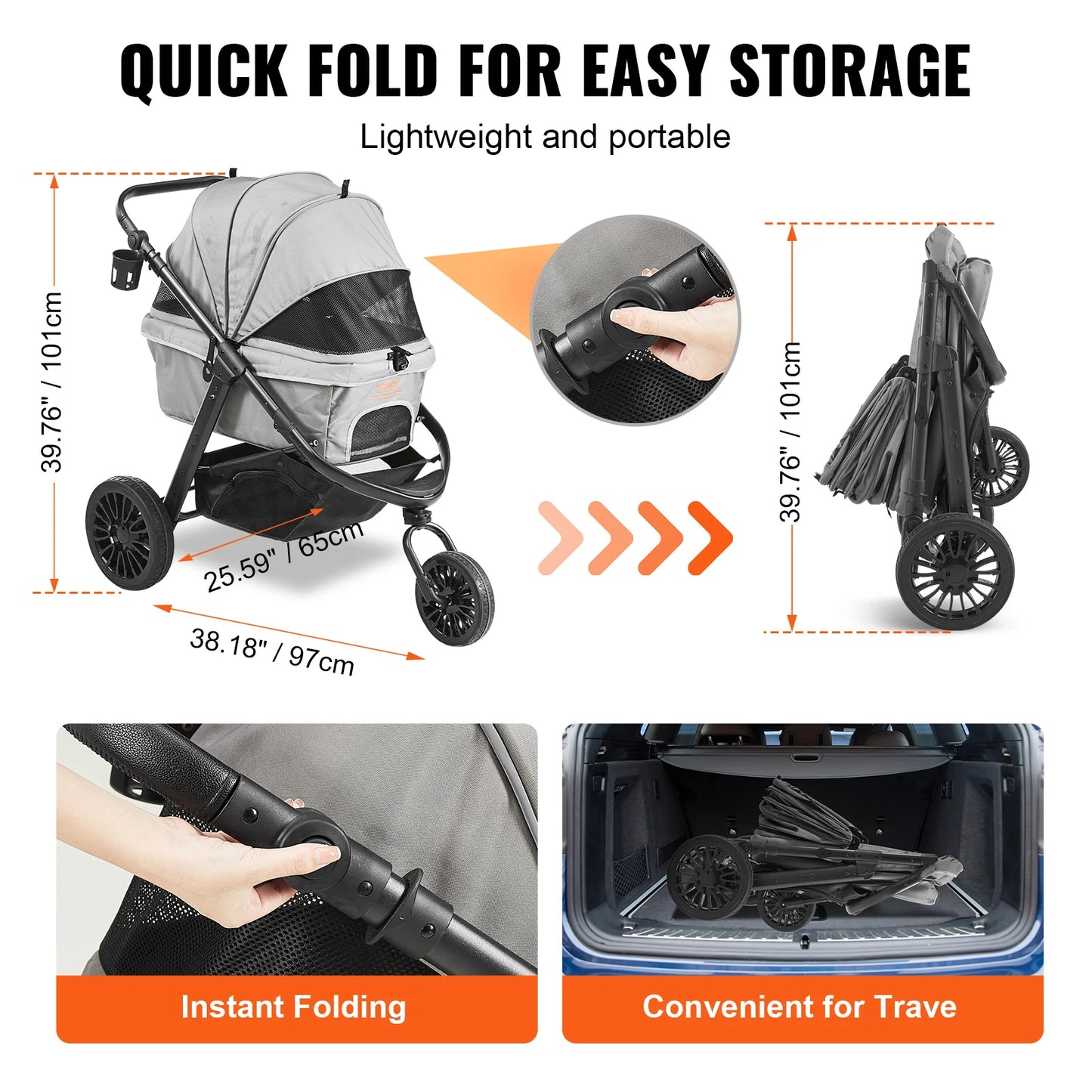 VEVOR Pet Stroller Carrier Dog/Cat Strollers Lightweight Travel Rotate with Brakes Pet Pad Cup Holder